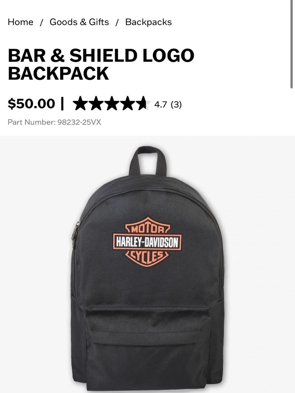Harley-Davidson Black Backpack with Orange and White Logo